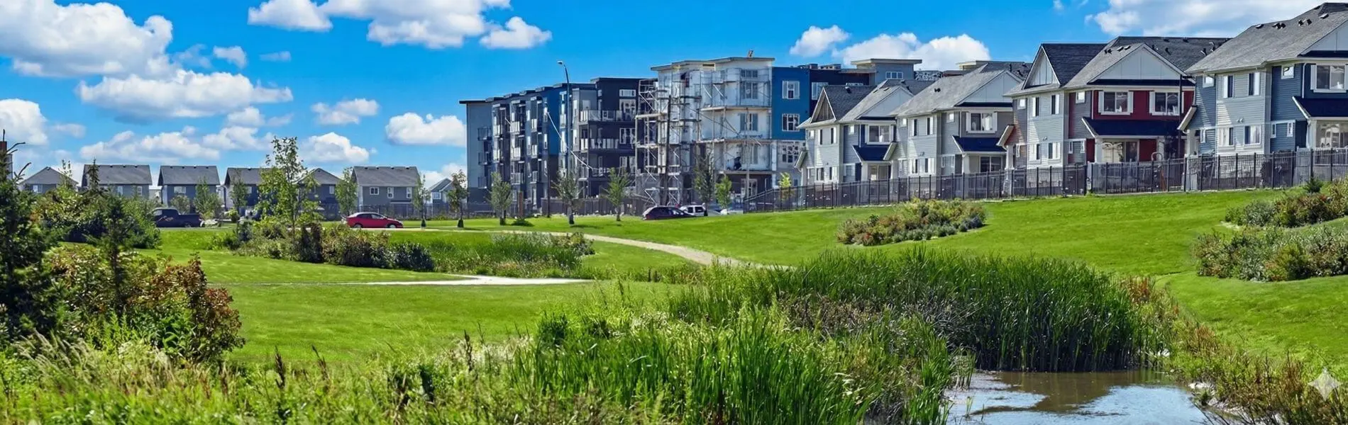 Park and walking paths in Harbour Landing, Regina